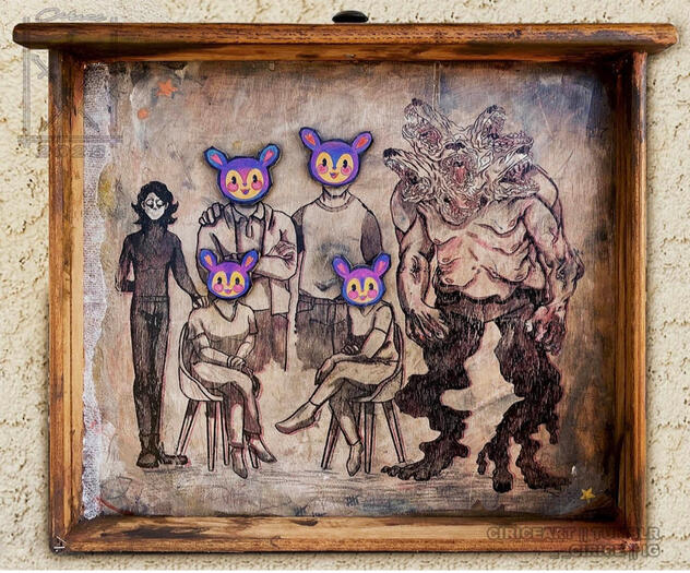 "Problem Dog" Silkscreen print on reclaimed desk drawer, medical gauze cardboard, magnets. 21 x 18 x 4 inches