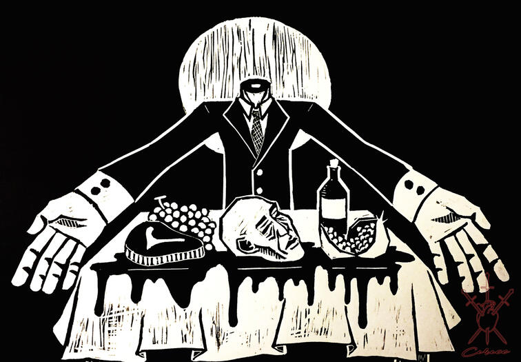 &quot;Masculine Artifice&quot; Linocut. 16 x 12 inches.