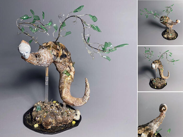 "Plume" Found objects, beach debris, shells and sand, 14 x 12 x 7 inches.